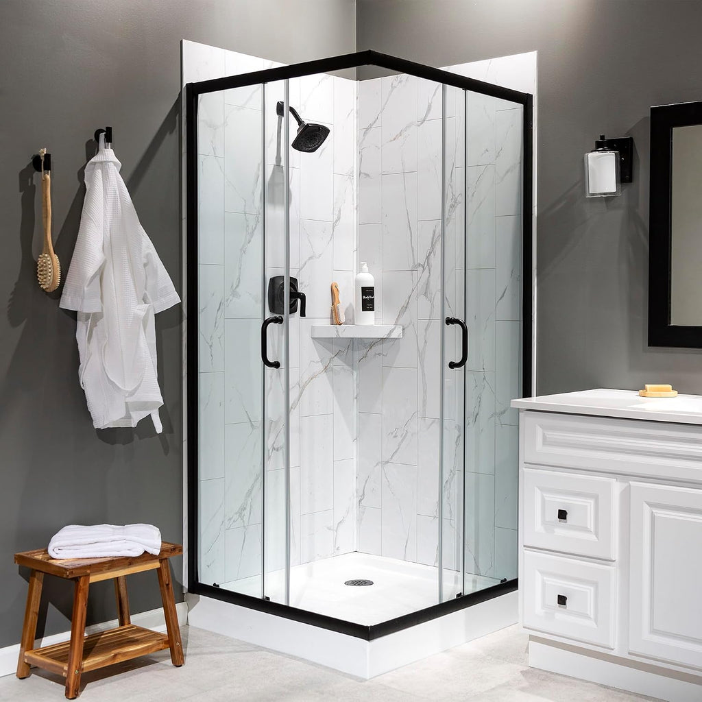 Palisade Vinyl Corner Shower Surround Kit 78in x 36in x 36in, Urban Glacier | Waterproof PVC wall panels, grout-free design, bathroom renovation, coordinating trim, shelves, adhesive and sealant included