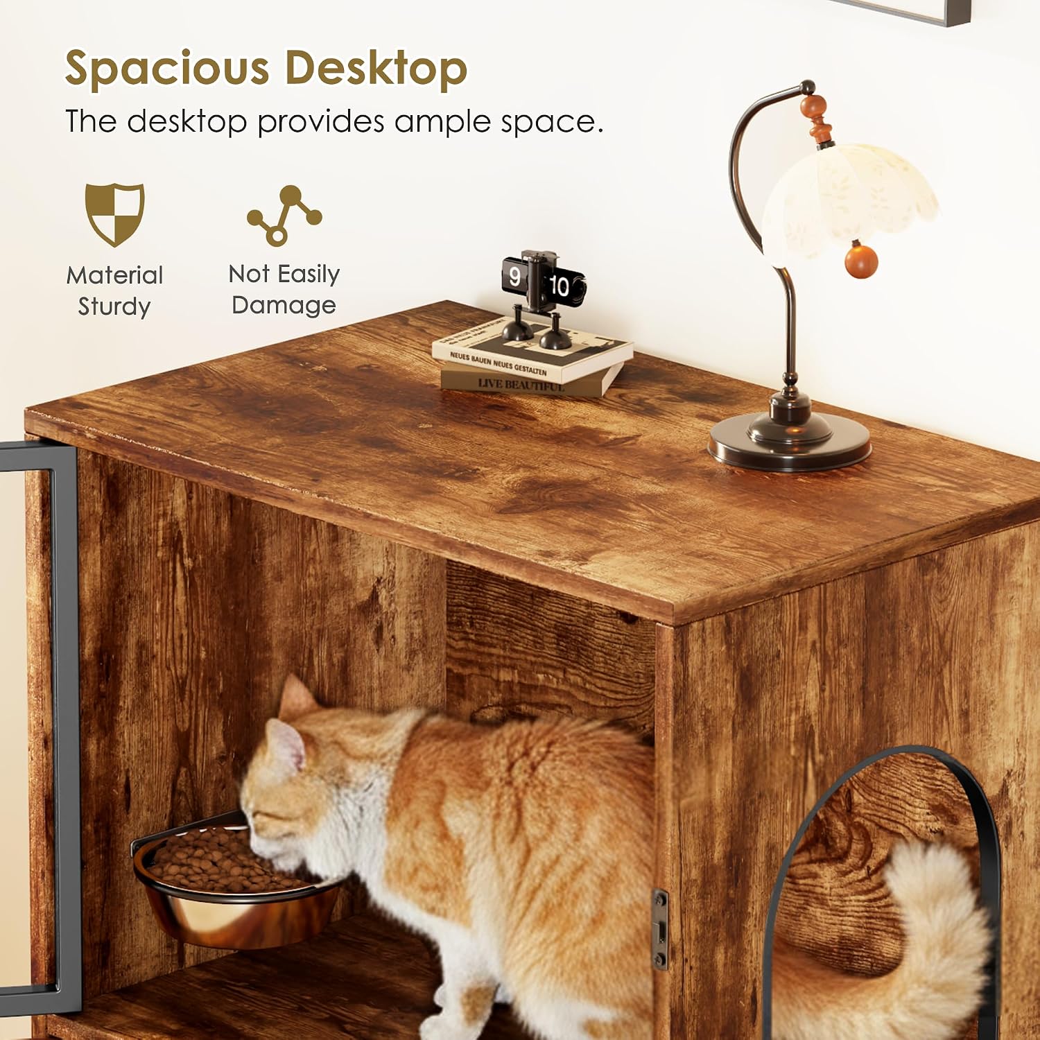 Cat Feeding Station, Dog Proof Cat Feeding Station with Scratching Post, Elevated Food Bowls with Stand, Cats Tree with Food Storage for Small Spaces, Pet House Furniture (Vintage)