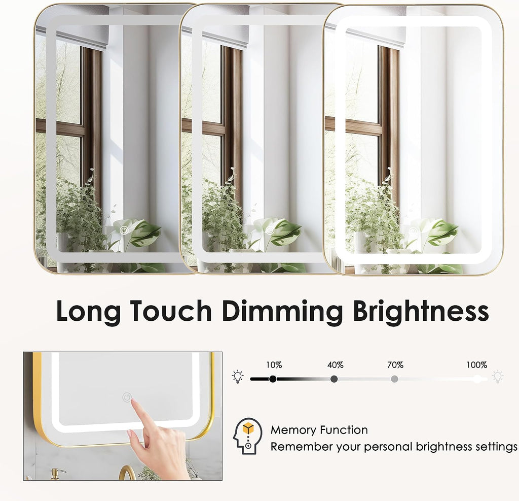 soges LED Medicine Cabinet Lighted Bathroom Mirror, Bathroom Vanity Mirror with 2 Storage Shelves, 24'x 16' Recessed Medicine Cabinet, Wall Mounted Deep Metal Framed Rounded Corner, Gold