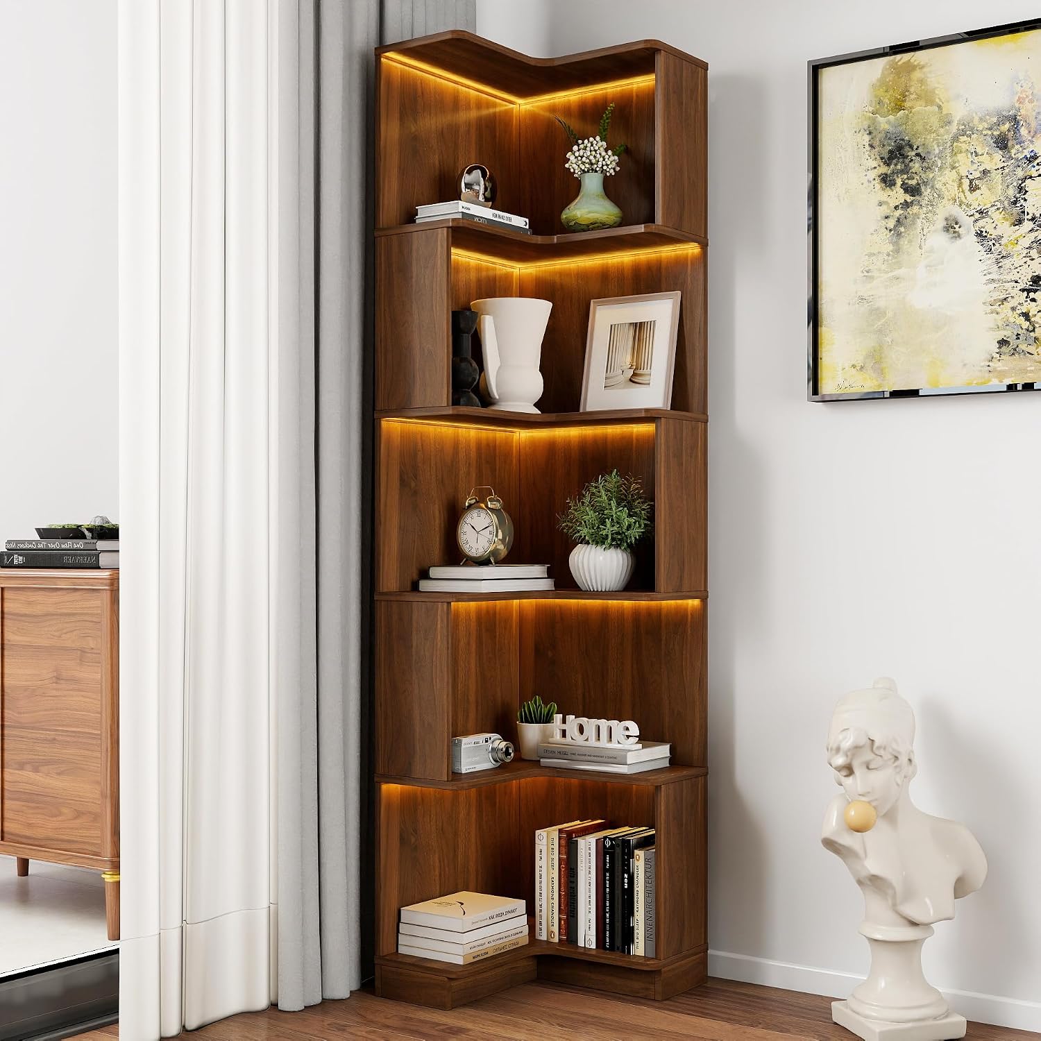 5-Tier Corner Bookshelf, L-Shaped Wood Corner Shelf with LED Lights and Baffle, Farmehouse Bookcase for Home Office Living Room Apartment, Walnut