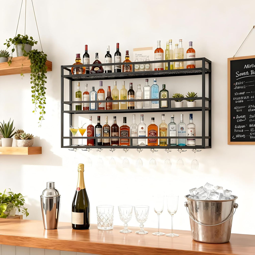59' Large Wine Rack Wall Mounted with Bottle Glass Holder, 3-Tiers Metal Bar Shelves for Liquor Bottles with LED Light, Wall Wine Rack for Home, Restaurant, Commercial Bar, Kitchen Storage Display
