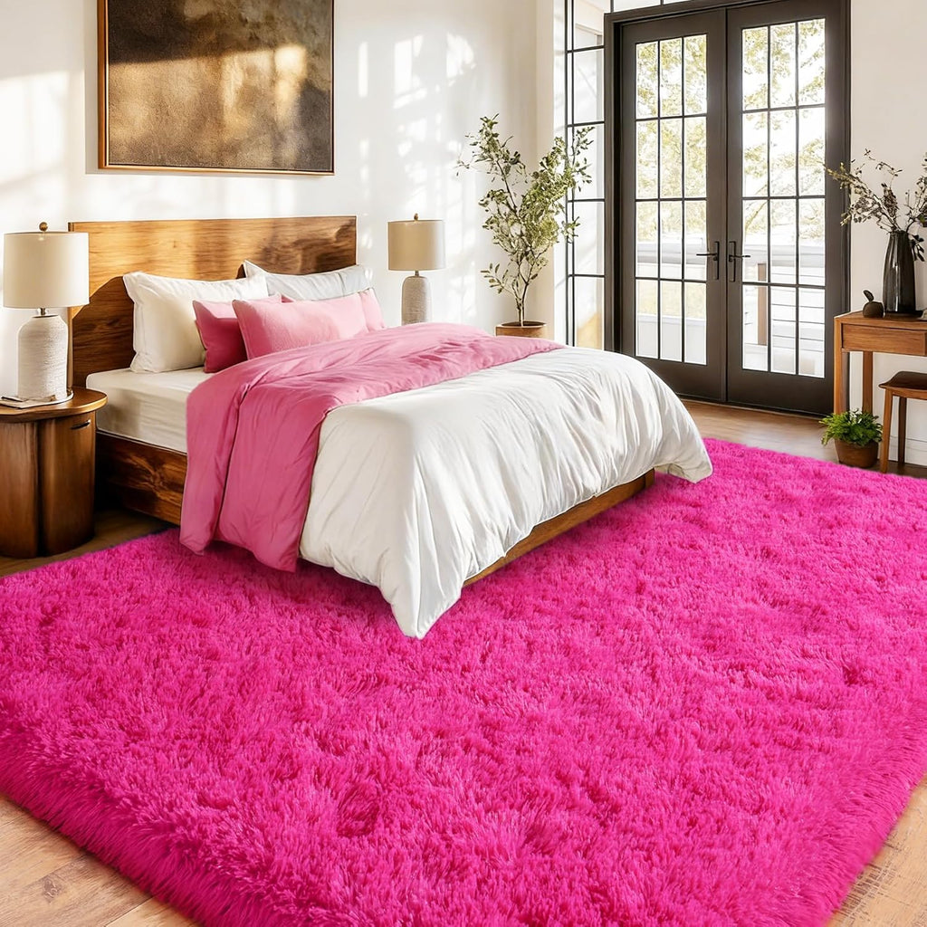 Extra Large 9x12 Feet Fuzzy Rug Hot Pink Fluffy Rug for Living Room, Big Plush Non-Skid Shag Carpet, Soft Shaggy Rugs for Bedroom Indoor Modern Home Decor