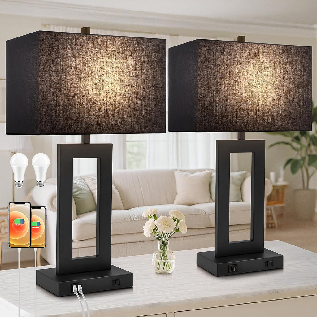 TOBUSA 28'' Tall Black Lamps for Living Rooms Set of 2, Modern Touch Control Table Lamps for Bedroom, 3 Way Dimmable Bedside Lamps with 2 USB Ports&AC Outlet, High-end Decor Lamp for Home Office