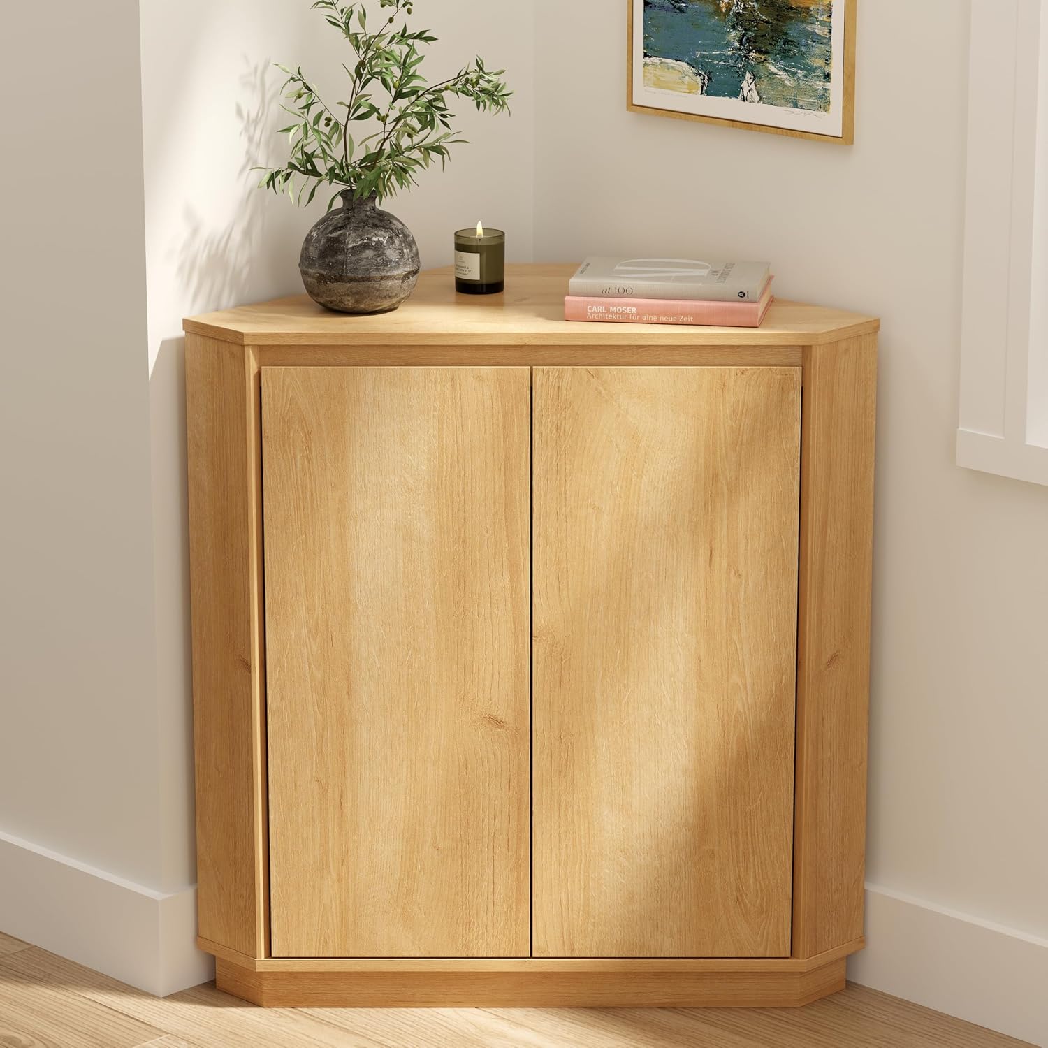 EYYTHUNG Corner Cabinet, Modern Handless Corner Floor Cabinet with 2 Doors and 2-Tier Shelves, Freestanding Narrow Organizer for Living Room Kitchen Bathroom, Natural Oak