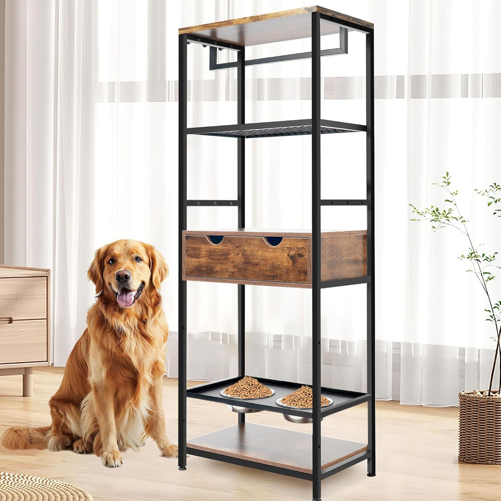 Dog Feeding Station Dog Feeder Station 3 Height Adjustable Raised Dog Bowls, Dog Storage Organizer with Shelves and 1 Drawer for Large Medium Dogs Cats, Black+Vintage