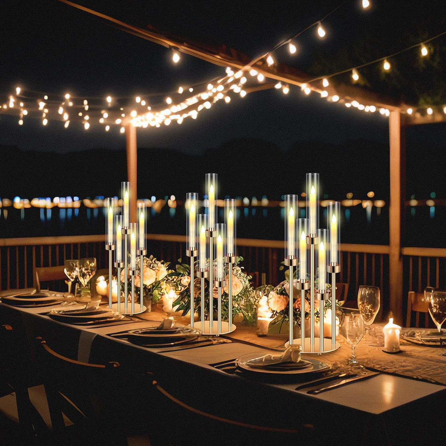 Tandefio 8 Set Gold Candelabra Centerpieces for Tables, 26.8 Inch 5 Arm Candle Holders with LED Candles and Acrylic Cylinders, Tall Acrylic Wedding Table Centerpieces for Reception Dinner Party Decor