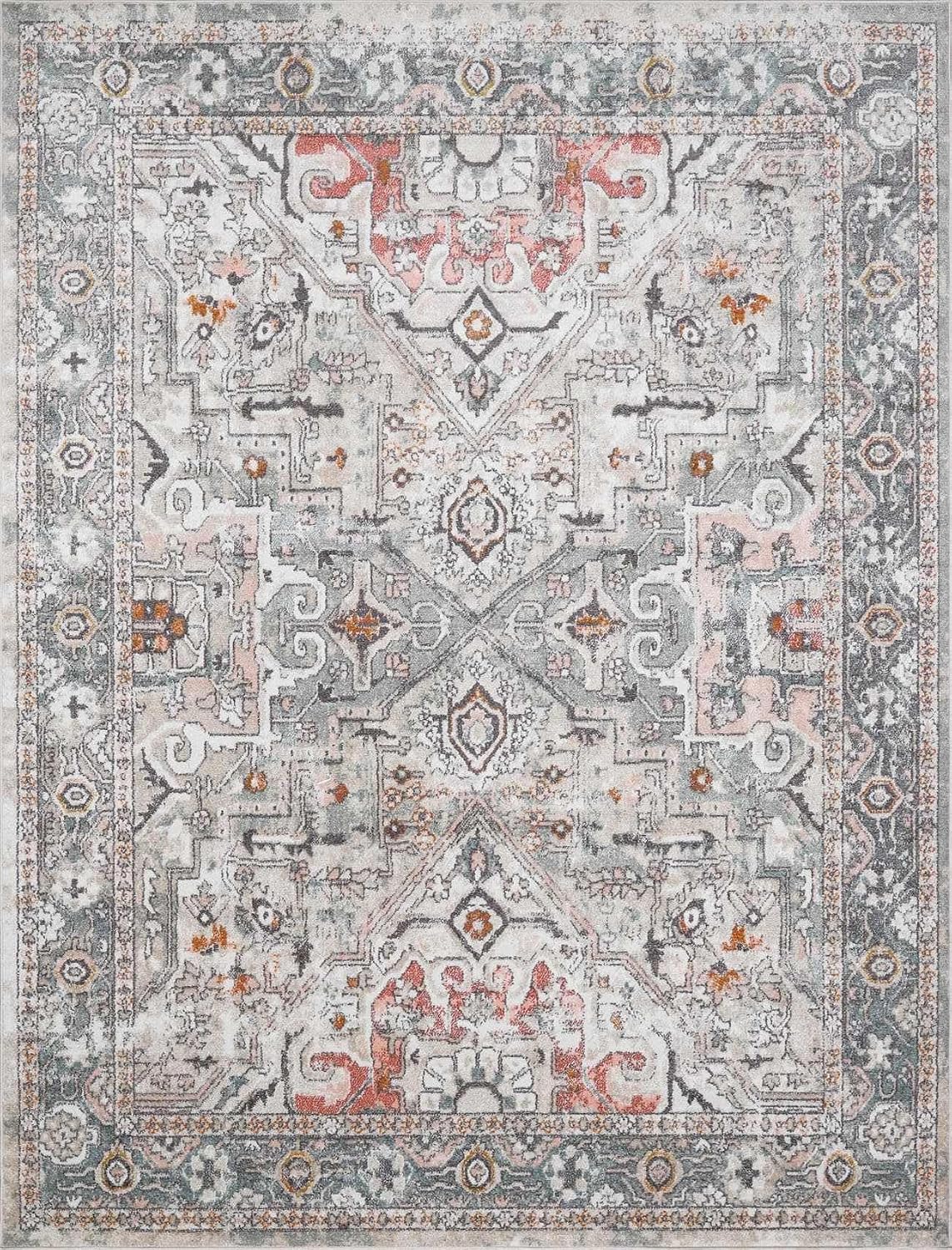 BoutiqueRugs Beige Abstract Traditional 5x7 Area Rug Charcoal Mustard Camel Dusty Pink Light Gray Off White Sky Blue Brick Red Tribal Damask Bolinas Living Room Bedroom Dining Room Home Office