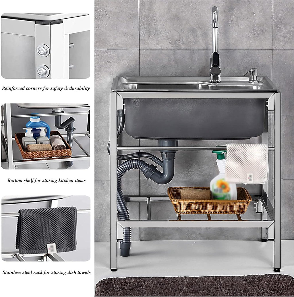 Free Standing Sink | Single Bowl Sink | Utility Prep Sinks | 1 Compartment Commercial Kitchen Sink | 304 Stainless Steel Sink | Extra-Deep Laundry Tub | Indoor-Outdoor Protable