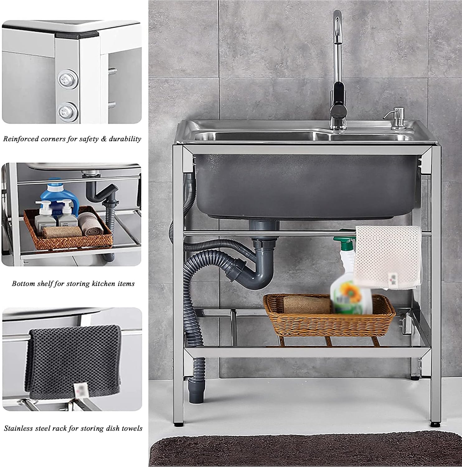 Free Standing Sink | Single Bowl Sink | Utility Prep Sinks | 1 Compartment Commercial Kitchen Sink | 304 Stainless Steel Sink | Extra-Deep Laundry Tub | Indoor-Outdoor Protable