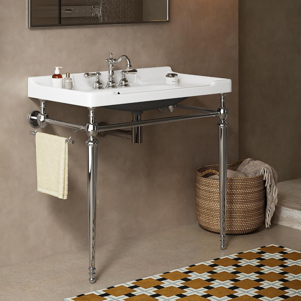 Yayzy 36' Bathroom Vanity with White Ceramic Sink, Wall-Mounted Console Style, Silver-Finish Stainless Steel Legs & Towel Bar, 3 Faucet Holes, No Faucet