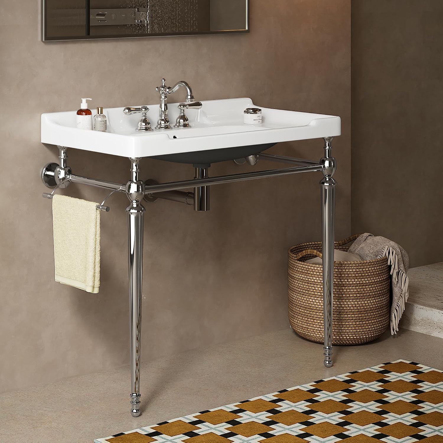 Yayzy 36' Bathroom Vanity with White Ceramic Sink, Wall-Mounted Console Style, Silver-Finish Stainless Steel Legs & Towel Bar, 3 Faucet Holes, No Faucet