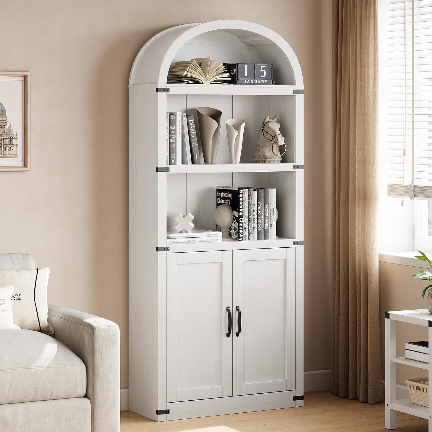GarveeHome Bookcase with Doors Arched Bookshelf 71.65 in Tall Bookcase Farmhouse Cabinet with Shelves Wooden Bookshelves for Home Office, Living Room