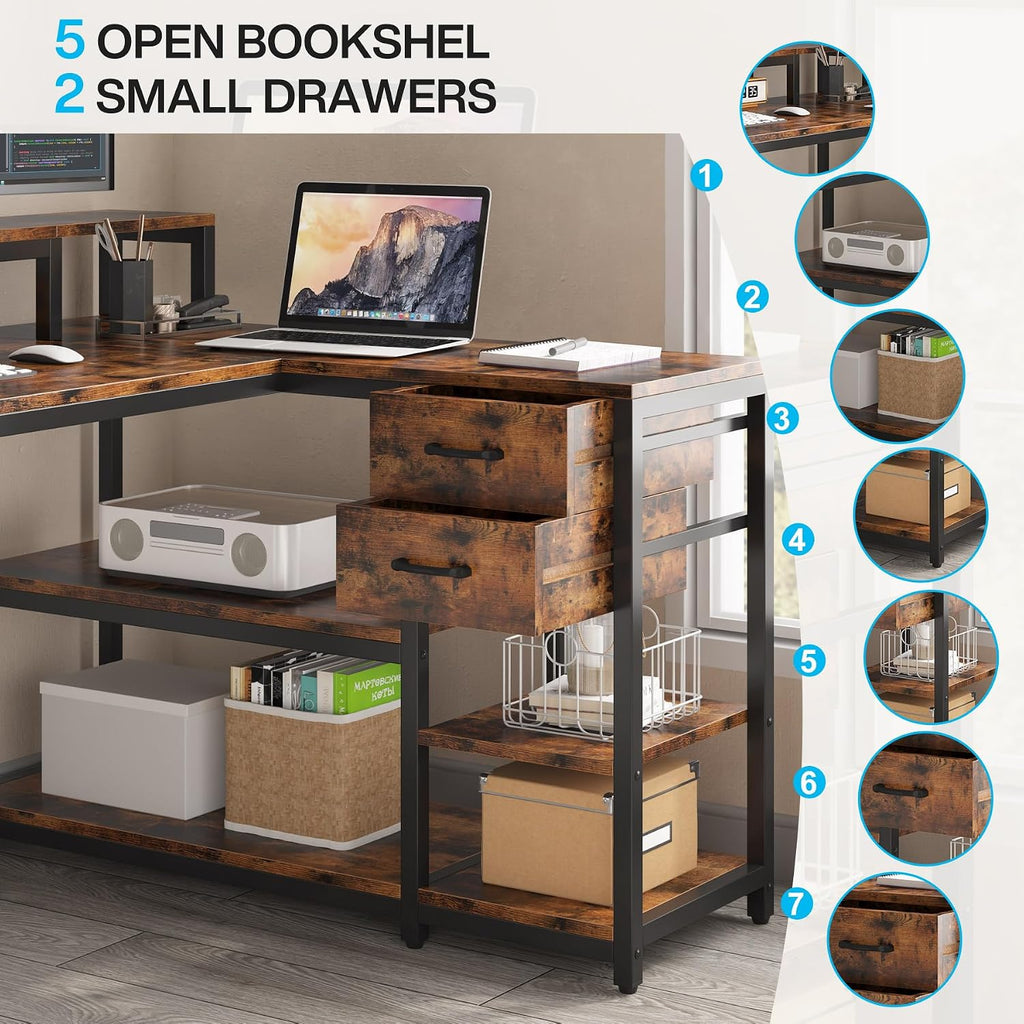 Tribesigns L Shaped Desk with Drawers and Storage Shelves, Home Office L Corner Desk with Monitor Stand, 55' x 24' Desktop Computer Table, Gaming Study Table for Small Space