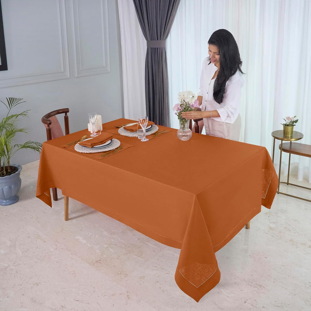 Signature Linen™ by D'Moksha Rust Tablecloth, Rectangle Tablecloth 60 x 102 Inch, 100% Pure Linen, Hemstitch, Machine Washable Table Cloth for Dining- Summer