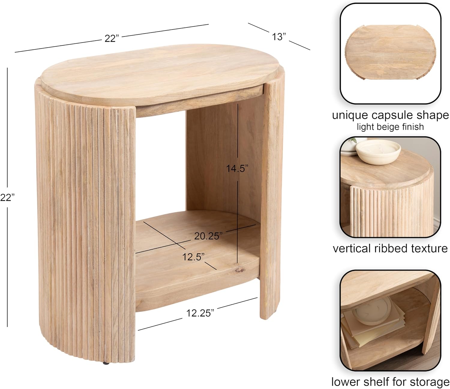 Kate and Laurel Cakora Modern Capsule Ribbed Mango Wood Side Table, 22 x 13 x 22, Light Natural, Boho Decorative Two-Tier End Table for Use as a Bedroom Nightstand or Living Room Plant Stand