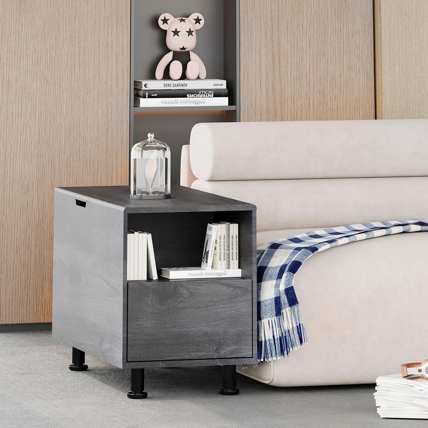 Rresyet Narrow Height Adjustable End Table for Couch with Storage, Drawer & Open Shelf, 15.8' Modern Side Table for Modular Sectional Sofa, for Living Room, Bedroom, Office (1, Black)