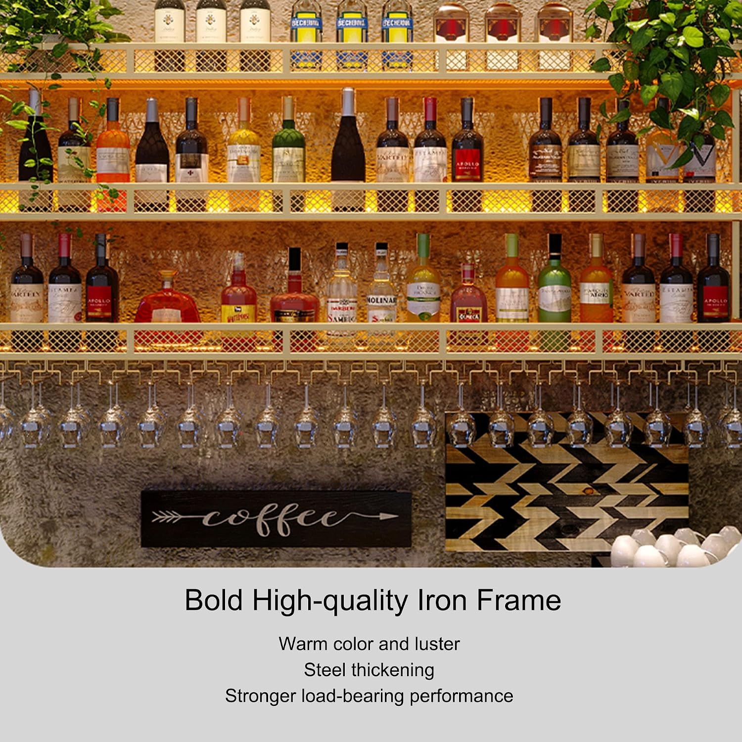 Metal Bar Shelves Wine Rack Wall Mounted with Hanging Wine Glass Holder Rack and LED Light for Liquor Bottle Display Shelf Racks Countertop Floating Bar Mini Bar Cabinet for Home Bar Cafe Kitchen ( Co