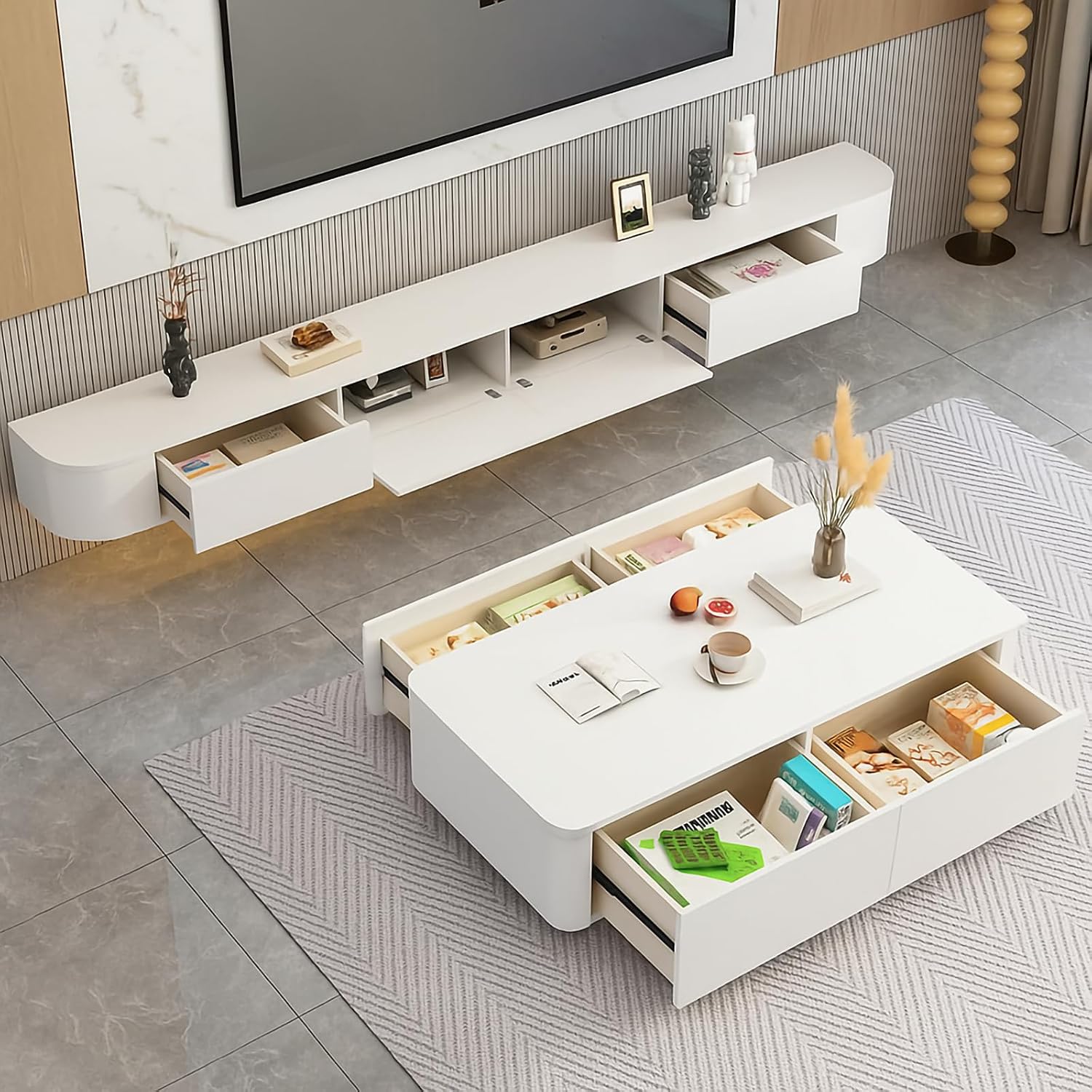 Floating TV Stand, 47-118 in Wall Mounted TV Cabinet,TV Stand with Door, Modern TV Media Console Center Large Storage TV Shelf for Living Room/Bedroom (White-Light, 86IN)