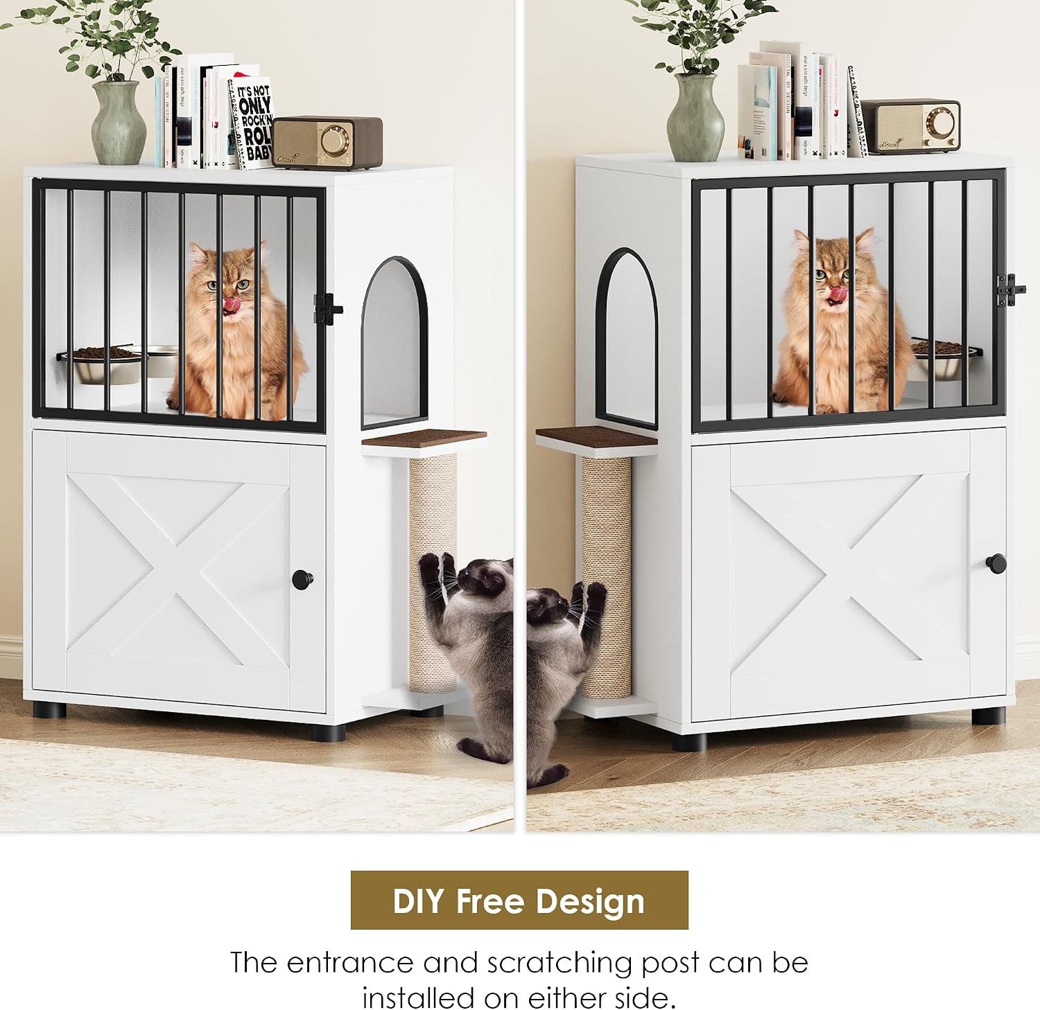 Cat Feeding Station, Dog Proof Cat Feeding Station with Scratching Post, Elevated Food Bowls with Stand, Cats Tree with Food Storage for Small Spaces, Pet House Furniture (White)