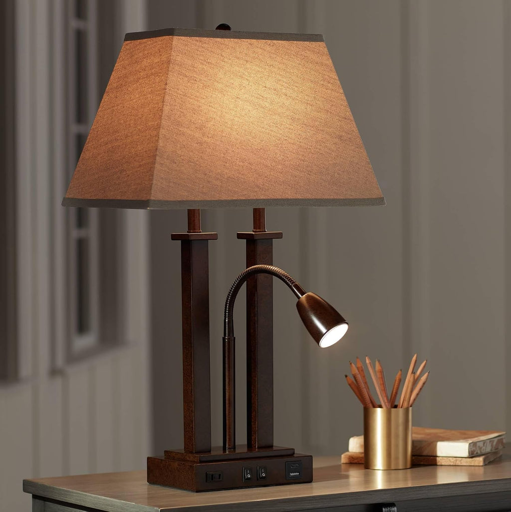 Possini Euro Design Deacon 26' High Modern Desk Table Lamp with USB Charging Ports A+C and AC Power Outlet in Base Gooseneck LED Bronze Rectangular Linen Shade for Living Room Bedroom House Bedside