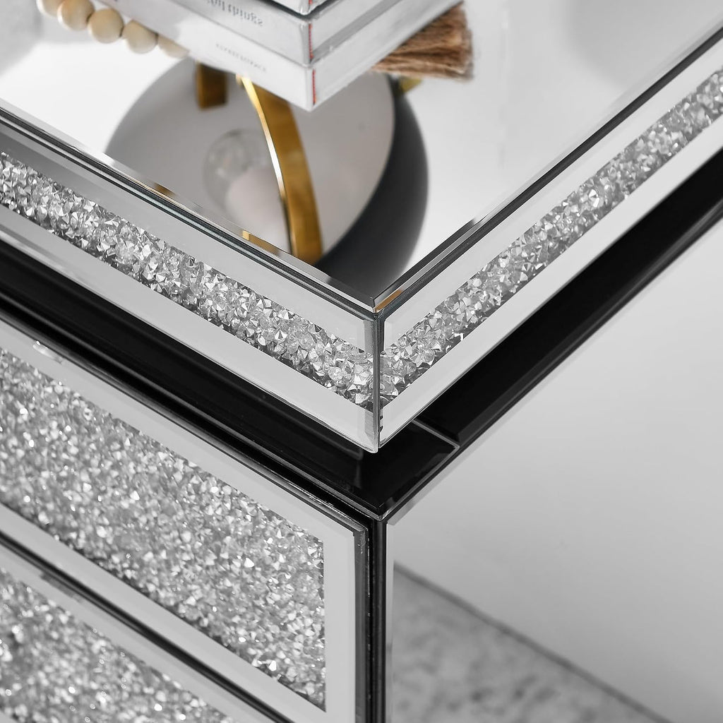Mirrored Nightstand with 3 Drawers, Silver Nightstand with Crystal Inlay, Mirror End Table, Modern Bedside Table, Glass Table for Bedroom