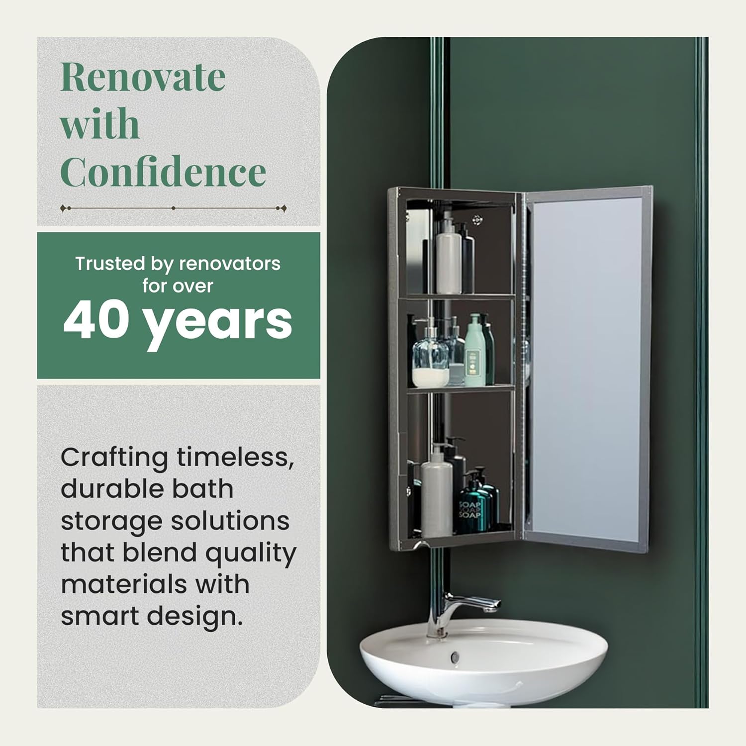 Renovator's Supply Corner Medicine Cabinet Stainless Steel Mirrored Door Polished Triple Shelf Wall Mount Rustproof,Silver