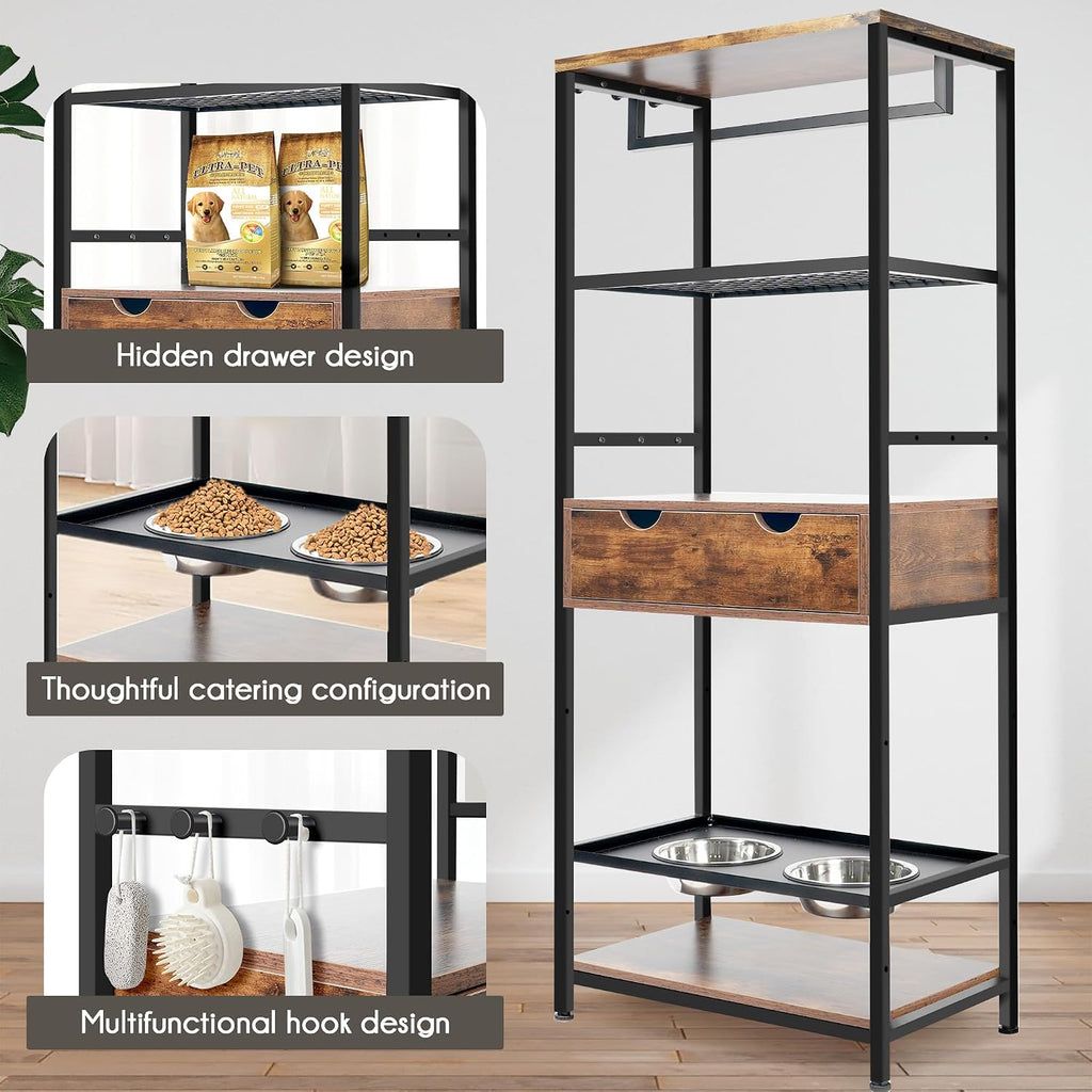 Dog Feeding Station Dog Feeder Station 3 Height Adjustable Raised Dog Bowls, Dog Storage Organizer with Shelves and 1 Drawer for Large Medium Dogs Cats, Black+Vintage