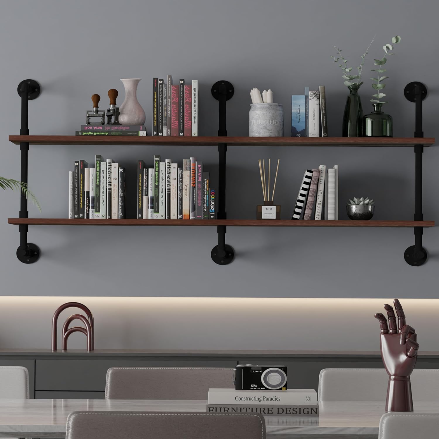 Industrial Pipe Wall Shelves Pipe Shelving with Real Wood Plank ,70 Inches Floating Shelves for Wall Farmhouse Pipe Book Shelves Dark Brown 2 Tier for Kitchen,Living Room Decor and Bar Shelving