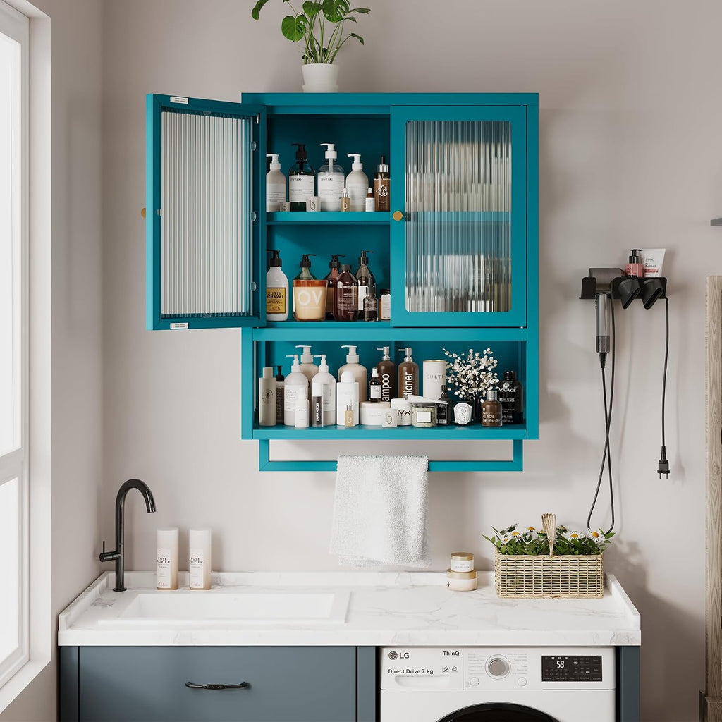 Bathroom Wall Cabinet with 2 Glass Door, Bathroom Medicine Cabinet with Towels Bar and Shelves, Over The Toilet Storage Cabinet, Metal Wall Mounted Cabinet for Kitchen (Blue)