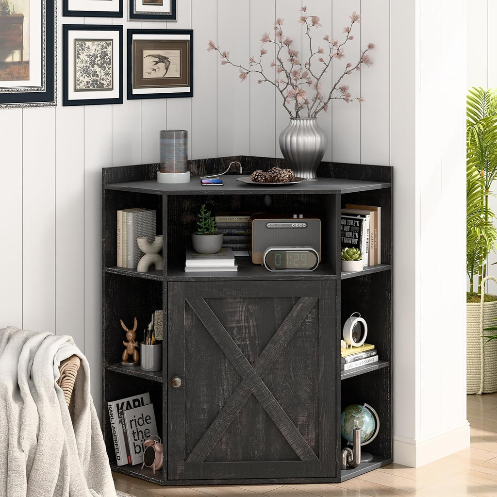 Halitaa Corner Storage Cabinet, Farmhouse Corner Bookshelf with Storage 6-Cubby Wooden Cabinet with USB Ports and Outlets Industrial Organizer for Small Space, Study, Playroom, Living Room