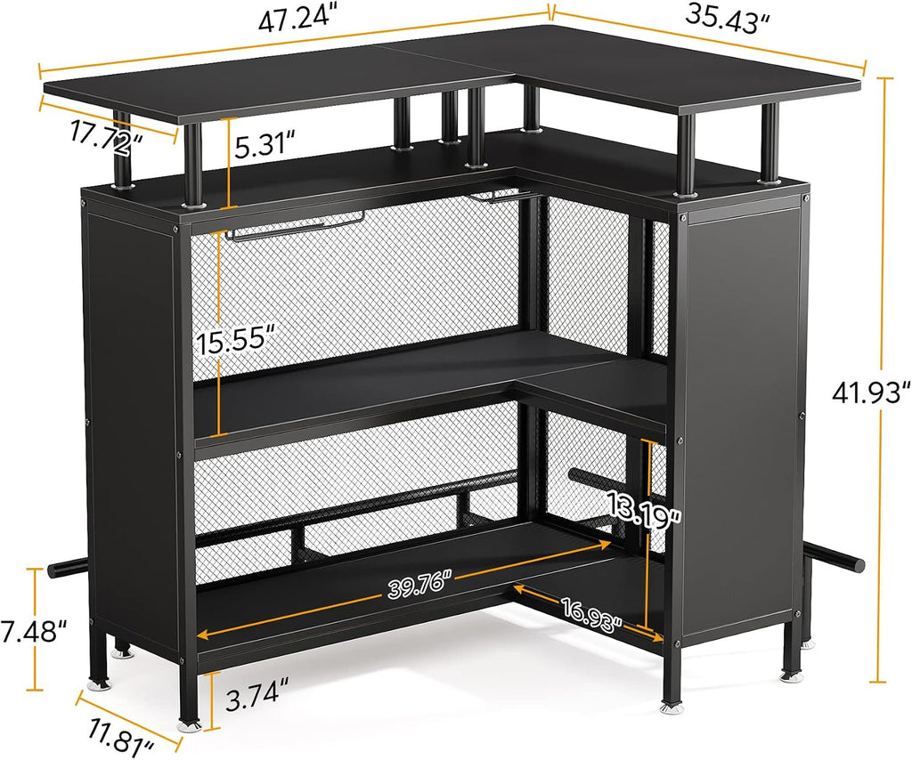 Tribesigns Home Bar Unit, L-Shaped Bar Table with Stemware Racks and 2-Tier Shelves, Corner Mini Coffee Liquor Cabinet with Footrest for Home/Kitchen/Pub, Black