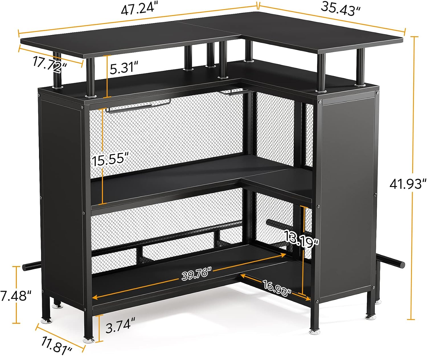 Tribesigns Home Bar Unit, L-Shaped Bar Table with Stemware Racks and 2-Tier Shelves, Corner Mini Coffee Liquor Cabinet with Footrest for Home/Kitchen/Pub, Black