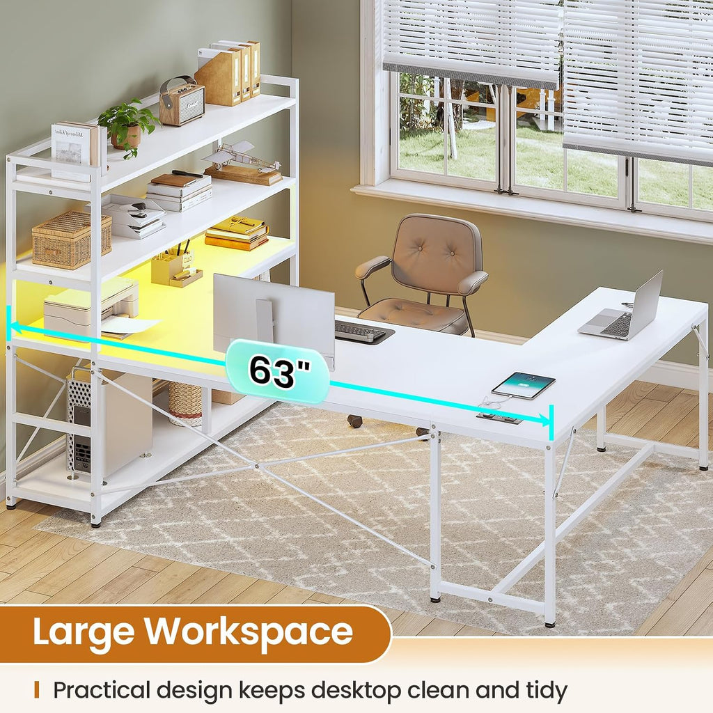SEDETA L Shaped Computer Desk, 63' Reversible Office Desk or Corner Desk with Storage Shelves, White Gaming Desk with LED Lights, Power Outlet