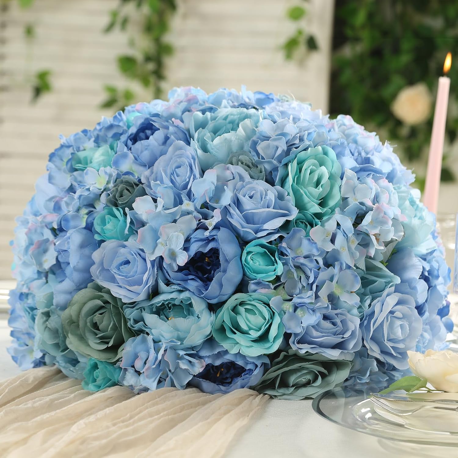 Efavormart 20 inch Blue Pre-Arranged Artificial Rose Flower Ball, Large High-Density Silk Rose Centerpiece Arrangement for Wedding Staging and Floor Vases