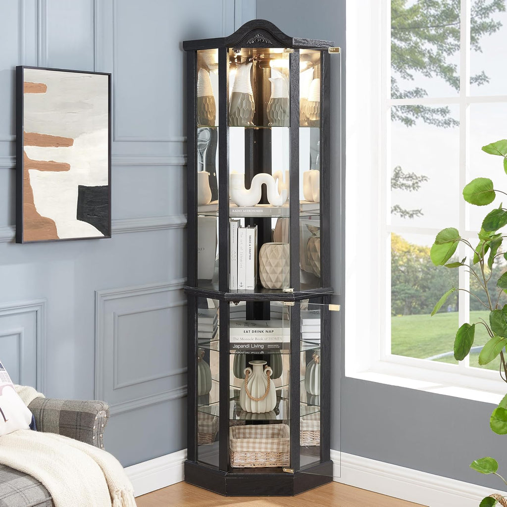 KEIKI 72' Corner Glass Display Cabinet with Adjustable Shelves, for Collectibles, Storage Curio Cabinet with Arched Floral Carving Decoration, 6-Tier Showcase Display Case, for Living Room, Black