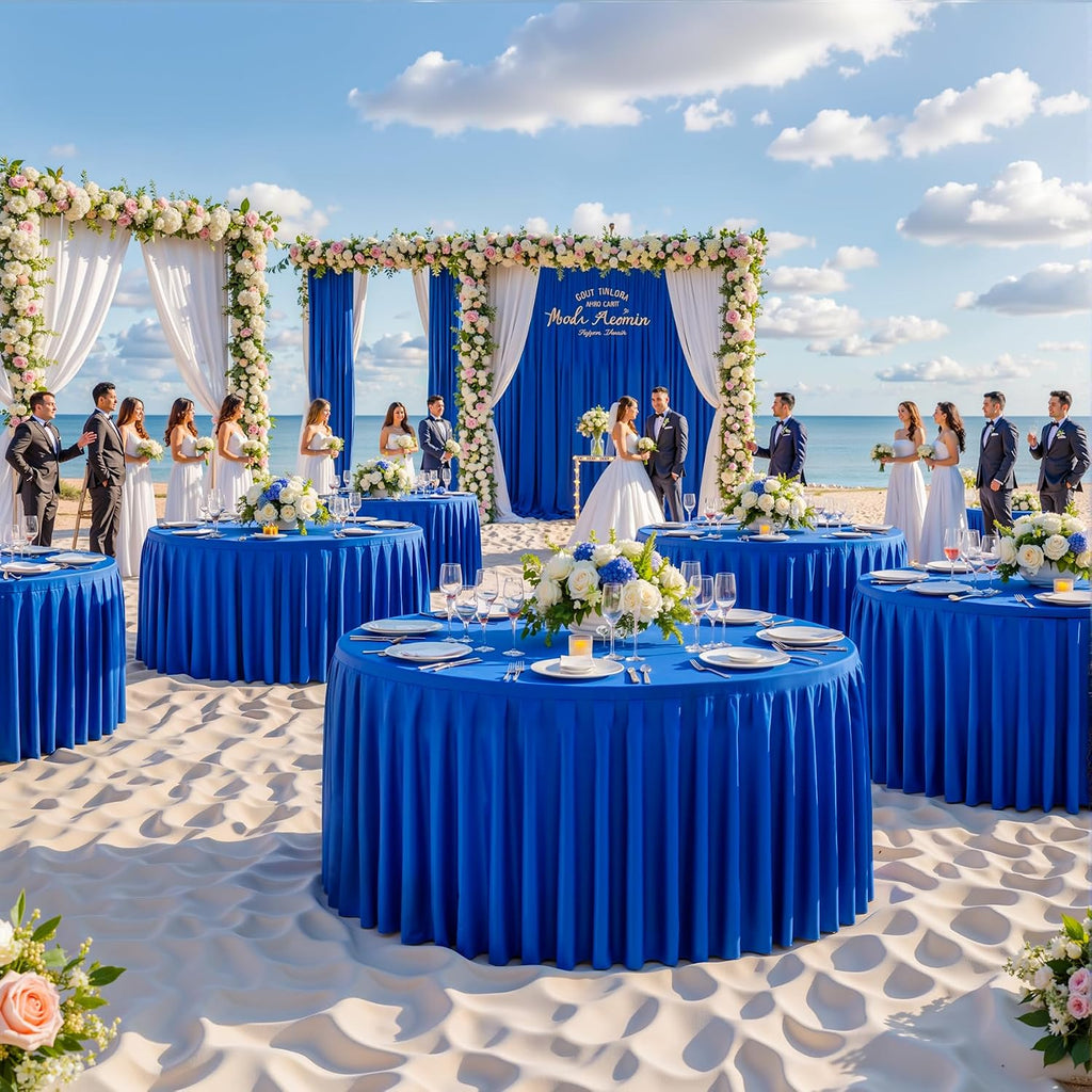 8 Pack Royal Blue Round Tablecloth 60 inch Stretch Spandex Fitted Table Cloth 5FT Round Banquet Tablecloths Wrinkle Free Table Cover Stitch Circle Tablecloth with Ruffle Skirt for Party Wedding