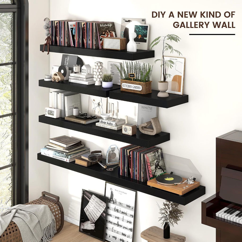 Venusmiles Floating Shelves for Wall, Engineered Wood Wall Shelves with Invisible Brackets for Living Room Bedroom Bathroom Office Kitchen Decor and Storage (Black, 72' W x 9' D x 1.5' H) Set of 1