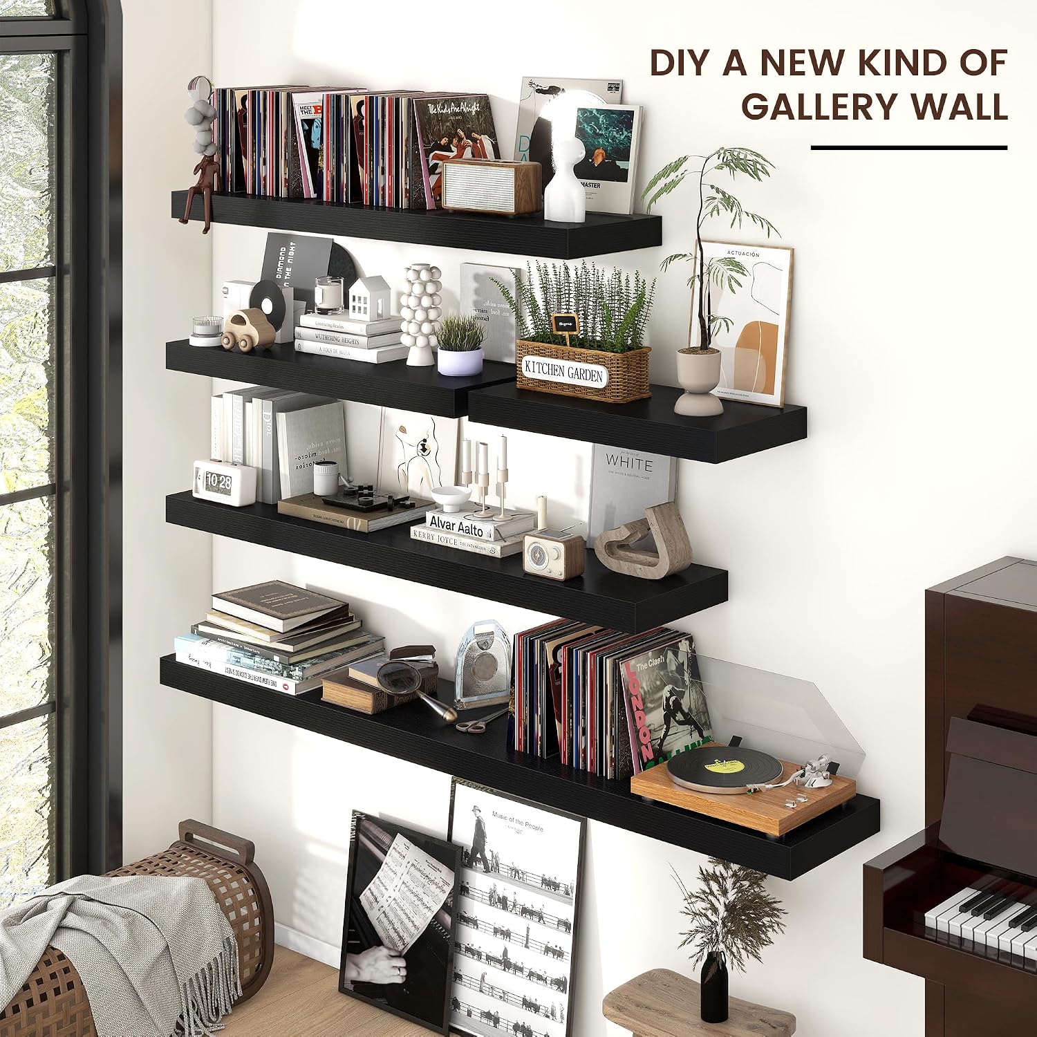 Venusmiles Floating Shelves for Wall, Engineered Wood Wall Shelves with Invisible Brackets for Living Room Bedroom Bathroom Office Kitchen Decor and Storage (Black, 72' W x 9' D x 1.5' H) Set of 1