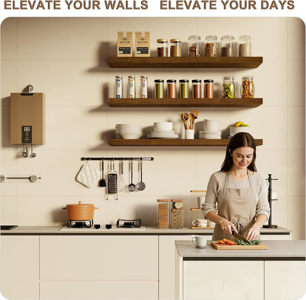 36-Inch Floating Shelves, Set of 3 Wall Mounted Storage Ledges, 12-Inch Deep Extra-Thick Solid Paulownia Wood Shelving for Kitchen, Living Room, Bedroom & Bathroom, Walnut Finish