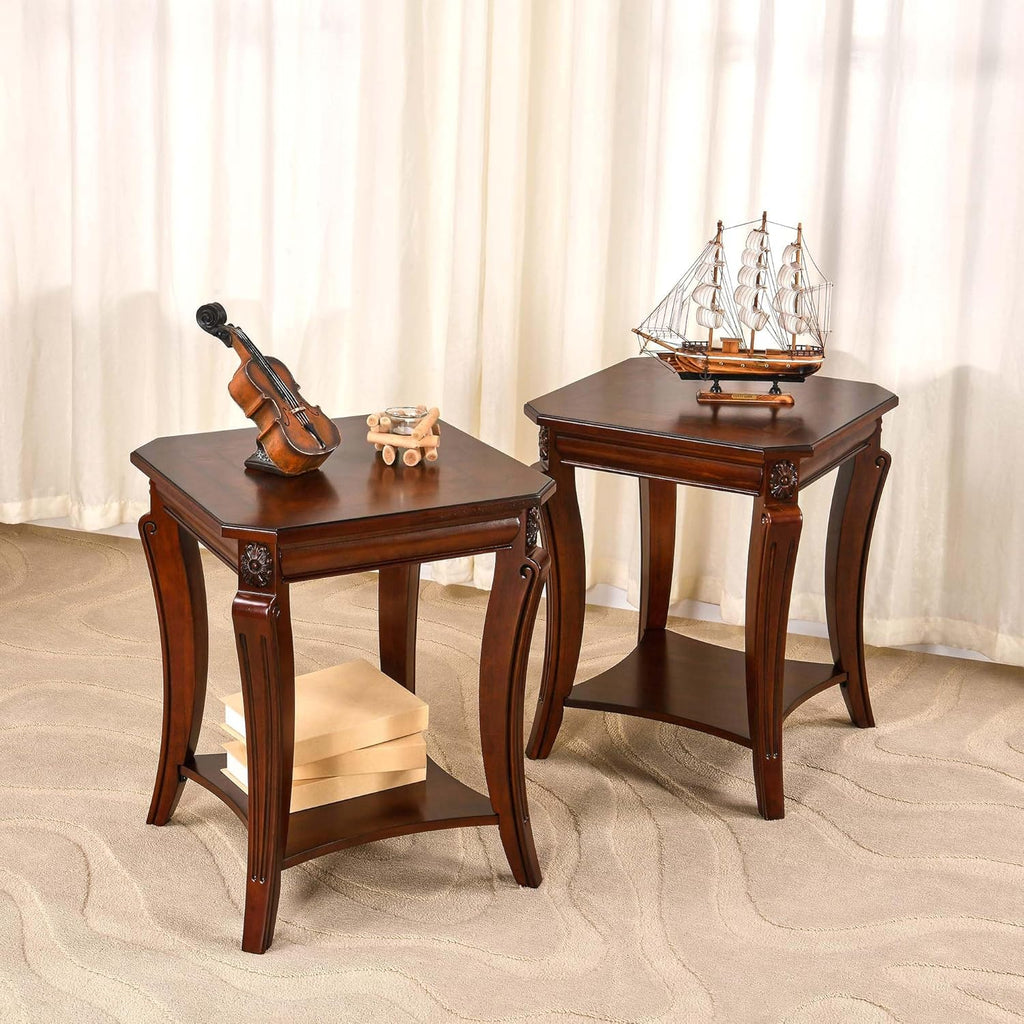 PADMA HOUSE Set of 2 Solid Wood Small End Table with Storage Shelf, Vintage Square Sofa Side Table with Splicing Tabletop and Curved Legs, 2-Tier Bedside Tables Nightstand in Cherry,19.7' Dx23.8 H
