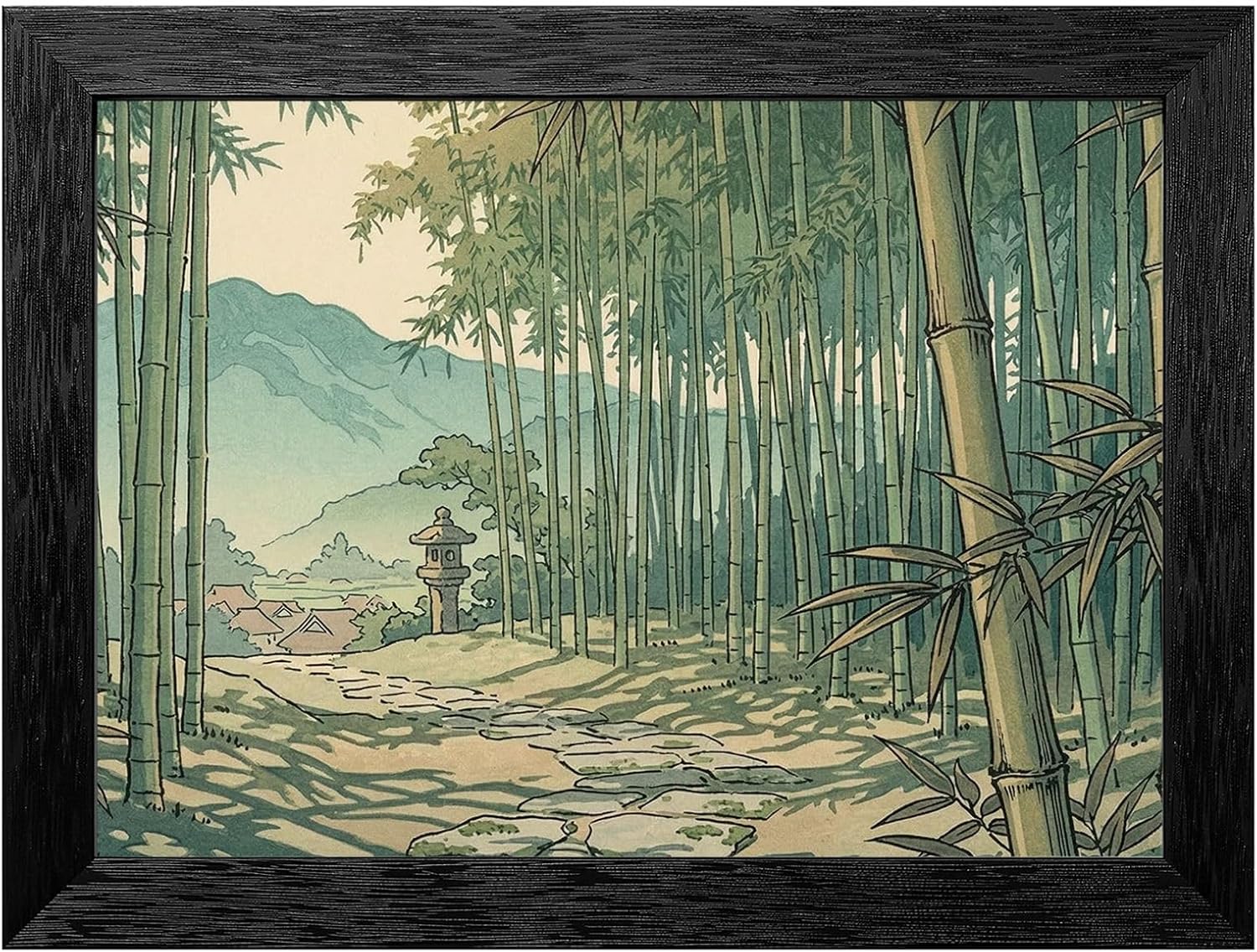 Framed Wall Art - Tranquil Bamboo Grove Japanese Style Woodblock Print in Premium Black Frame - Midday Nature Landscape Decor - Ready to Hang 16x20-24x36 Inch