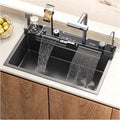 JATIBOSH Double Waterfall Single Bowl Sink LED Temperature Display, Drop-in Farmhouse Deep Stainless Steel Sink with Integrated Multifunctional Faucet