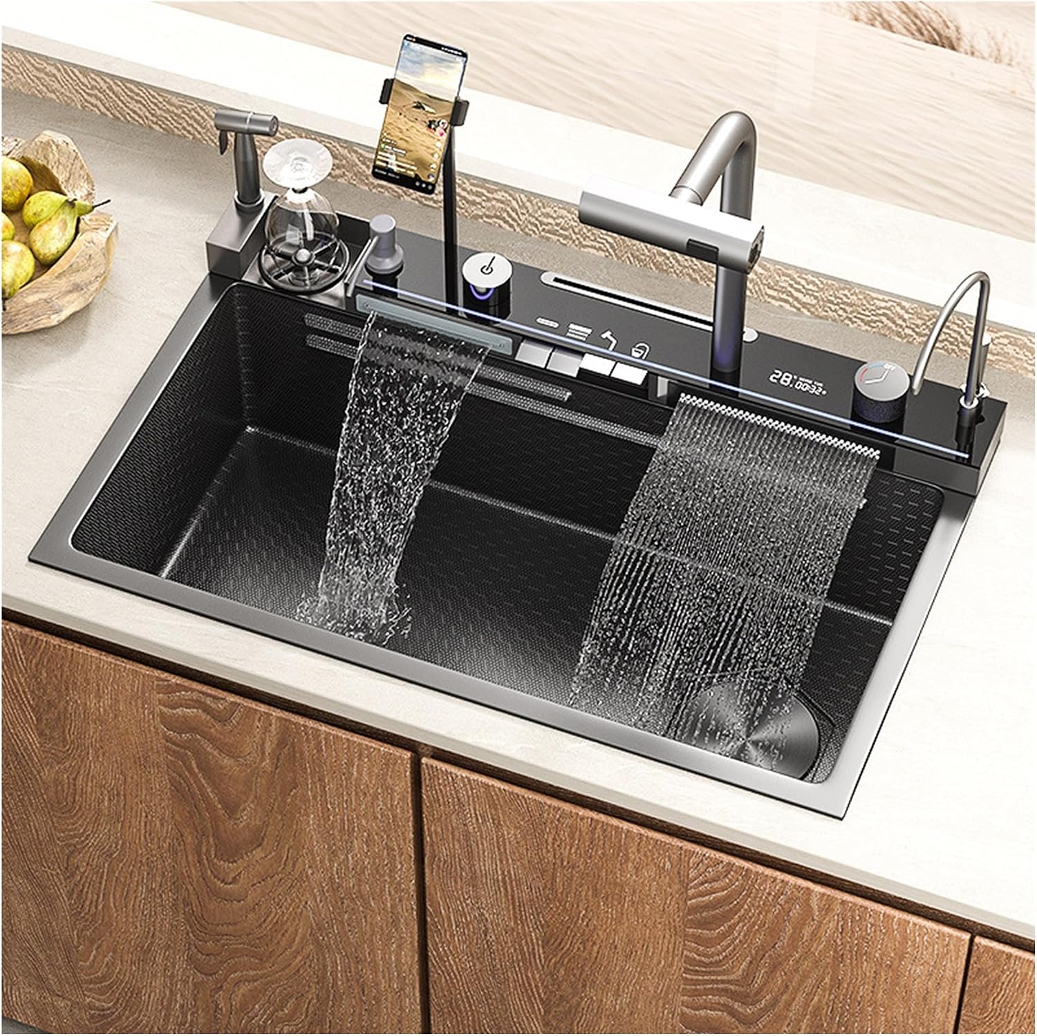 JATIBOSH Double Waterfall Single Bowl Sink LED Temperature Display, Drop-in Farmhouse Deep Stainless Steel Sink with Integrated Multifunctional Faucet