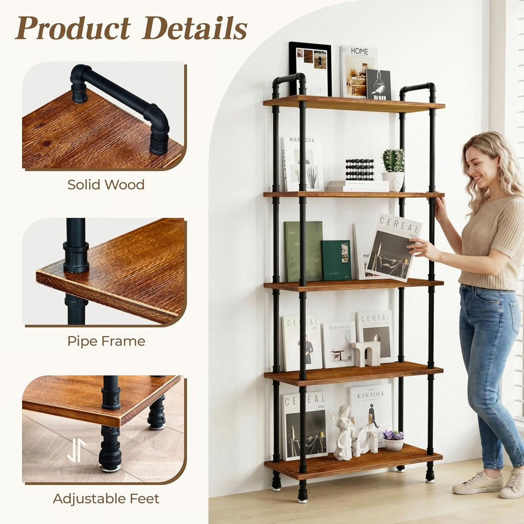 Industrial Bookshelf, Rustic Open Bookcase, 5 Tier Wood and Metal Bookshelf, Solid Pine Wood and Iron Pipe Tall Narrow Storage Shelf for Living Room Bedroom Office Kitchen