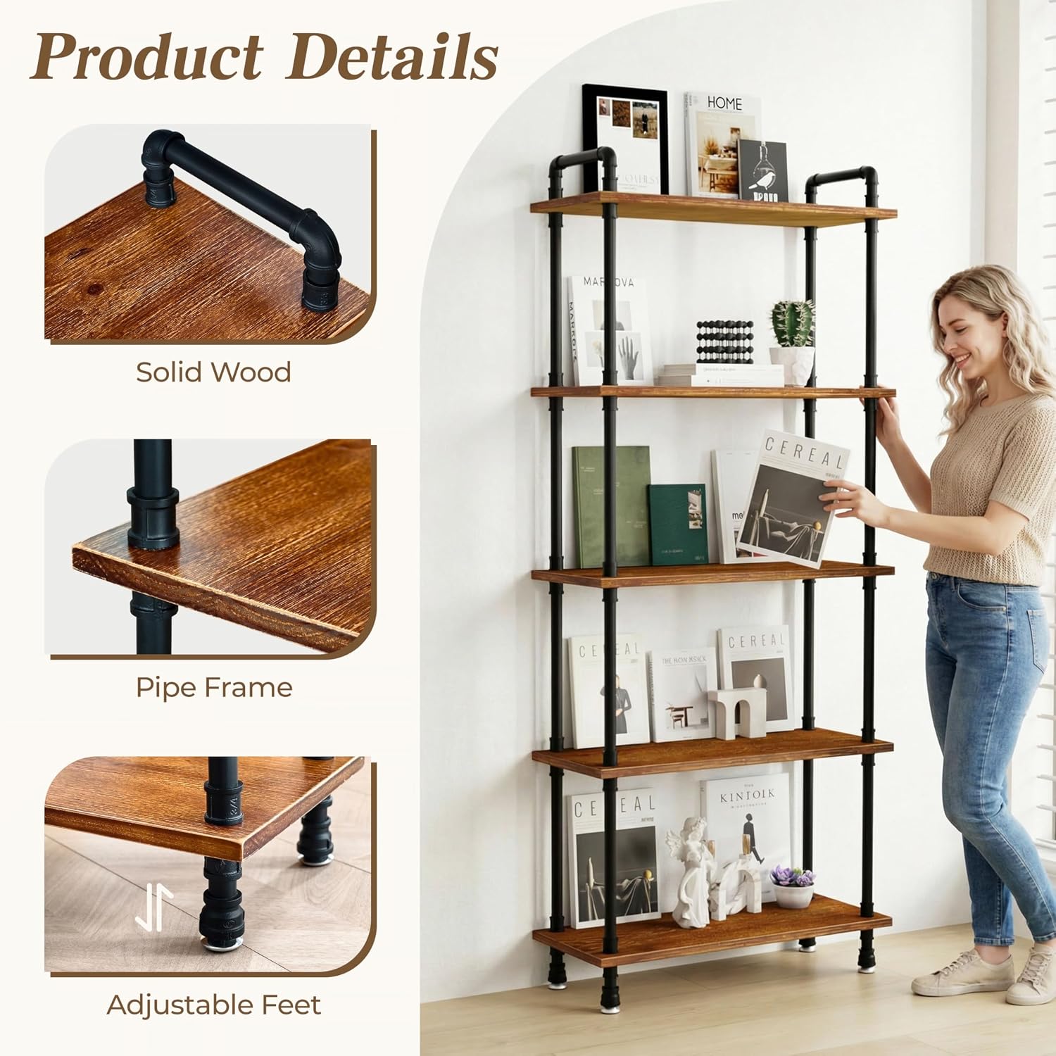 Industrial Bookshelf, Rustic Open Bookcase, 5 Tier Wood and Metal Bookshelf, Solid Pine Wood and Iron Pipe Tall Narrow Storage Shelf for Living Room Bedroom Office Kitchen