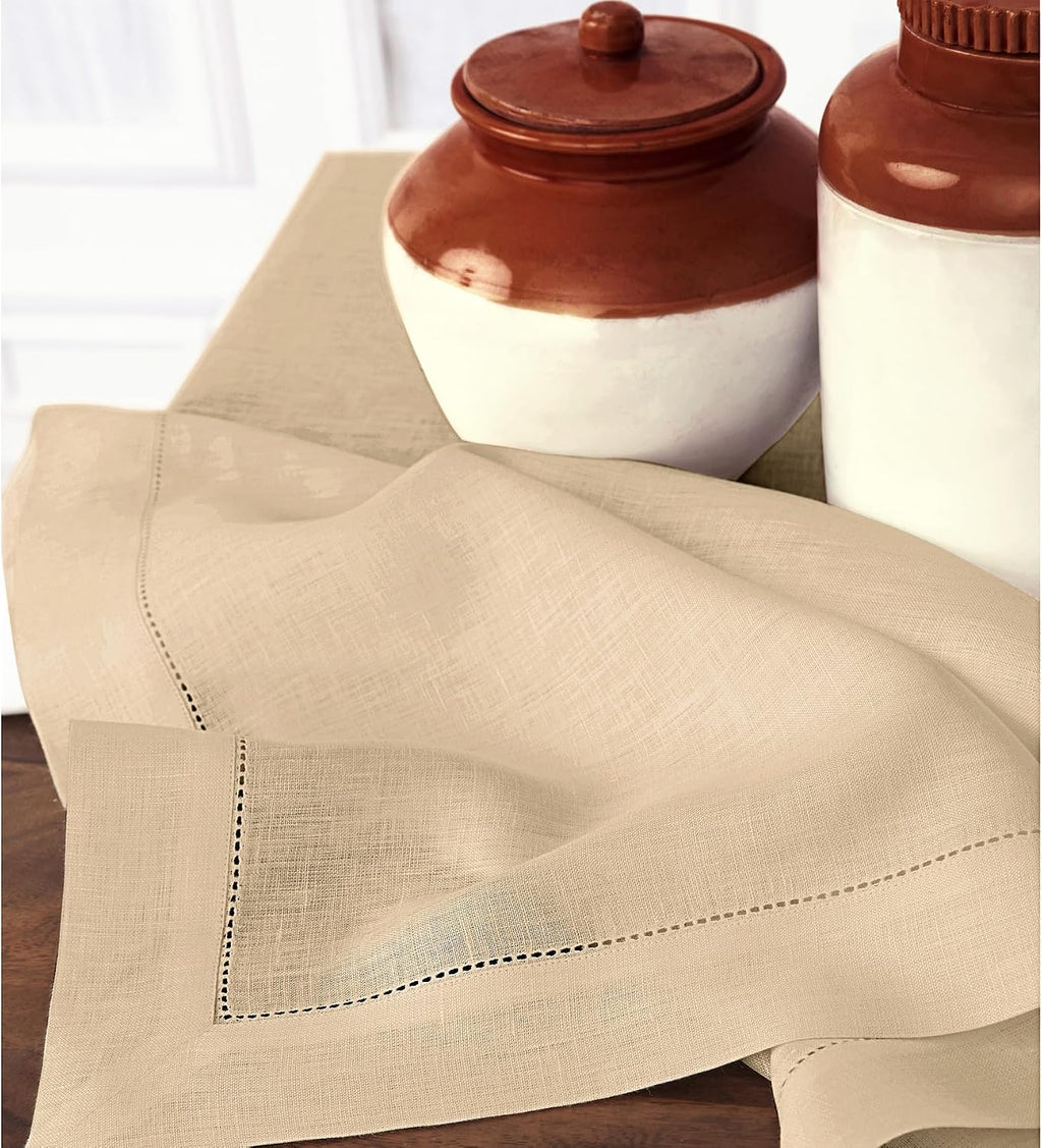 Solino Home Beige Linen Tablecloth 60 x 120 Inch - Classic Hemstitch, 100% Pure Linen Rectangular Tablecloth - Machine Washable Table Cloth for Summer