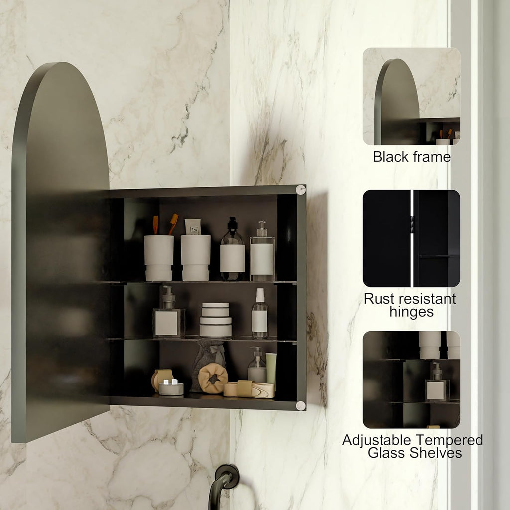 Corner Medicine Cabinet, Metal, Arched Mirror, 18x24 in | Metal construction, space-saving corner design, arched mirror door, adjustable tempered glass shelves, wall-mount ready