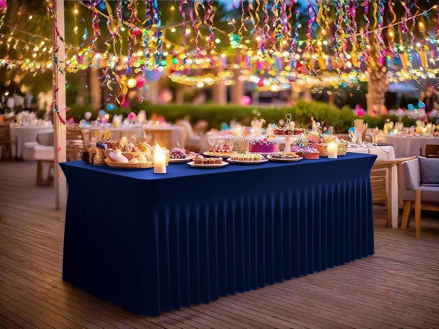fani 6 Packs Navy Blue Stretch Table Skirts for 8 Foot Rectangle Table, Washable Spandex Stretch Tablecloths with Skirt, Wrinkle Resistant Fitted Tablecover for Wedding Party Banquet