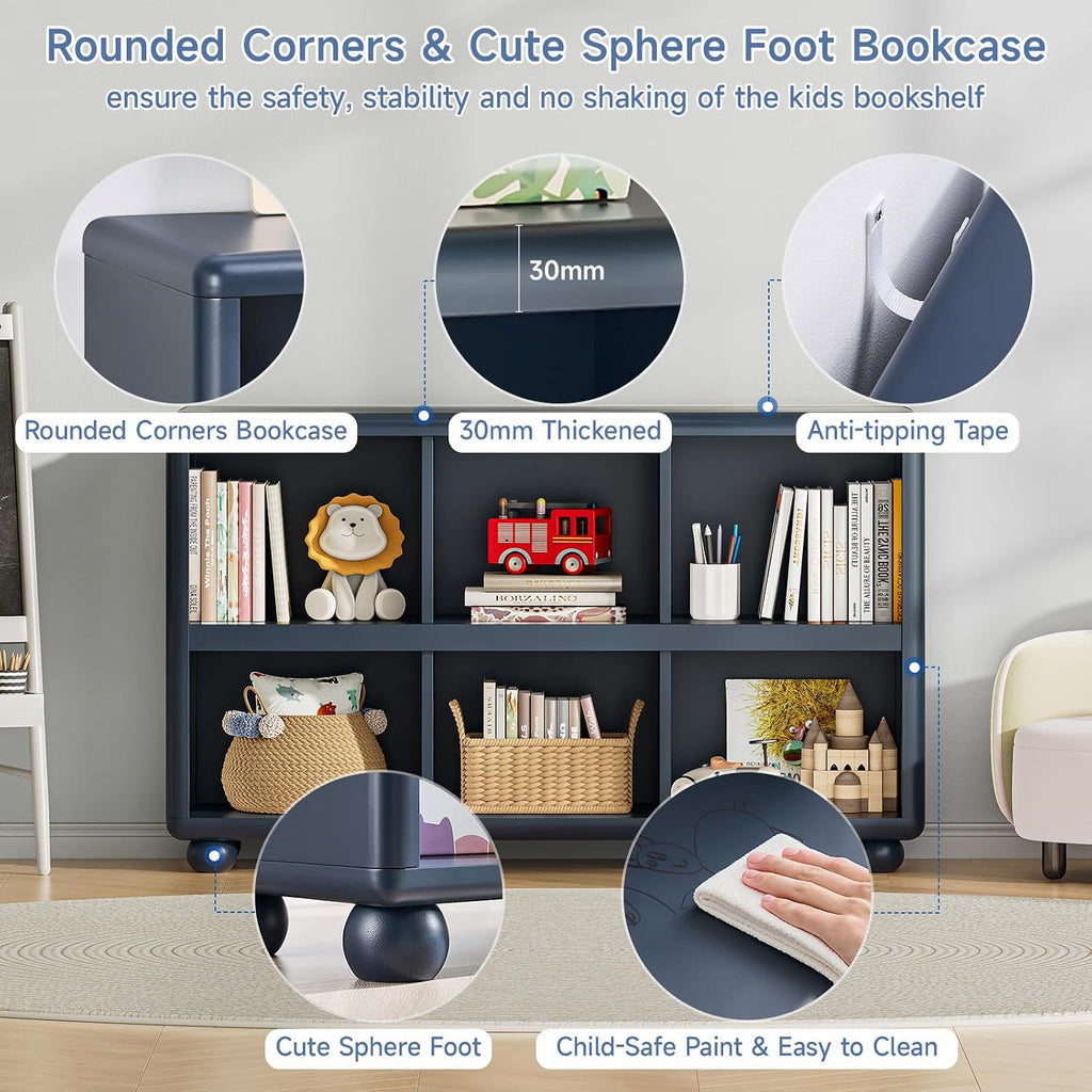 ONBRILL Kids Bookcase with 6 Cube Storage, Toy Storage Organizer with All-Rounded Design, Montessori Shlef with Sphere Foot, Kids Bookshelf for Playroom, Bedroom, Nursery, Classroom (Navy Blue)