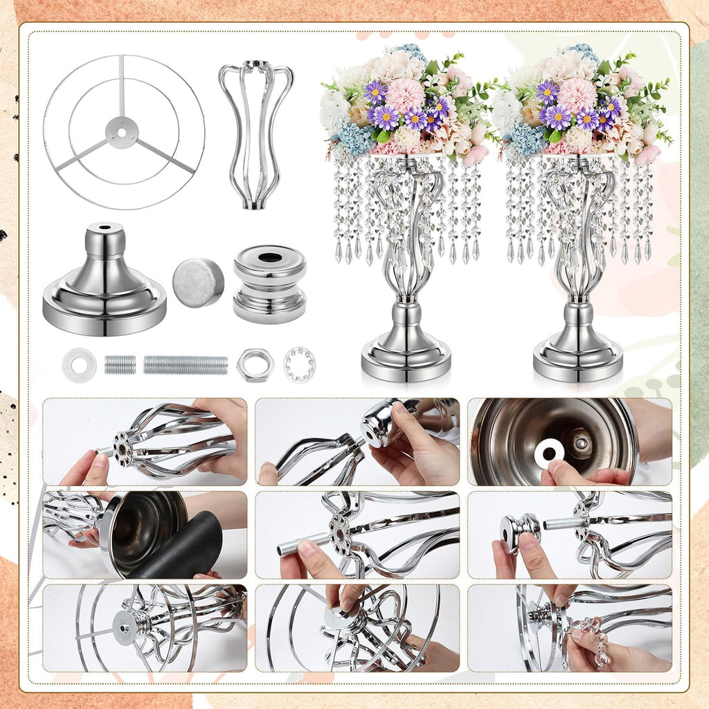 Didaey 16 Pcs Wedding Centerpieces for Tables, Gold Silver Vase Centerpiece with Chandelier Crystal Metal Flower Stand, Tall Flower Vases for Wedding Party Home Decoration(Silver,12.6')